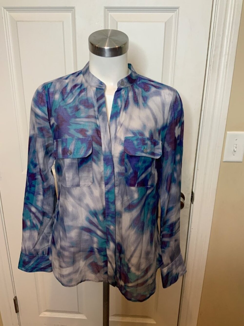 BCBG Max Azria Sheer Blue Purple Tie Dye Button Up Liam Shirt, Size S